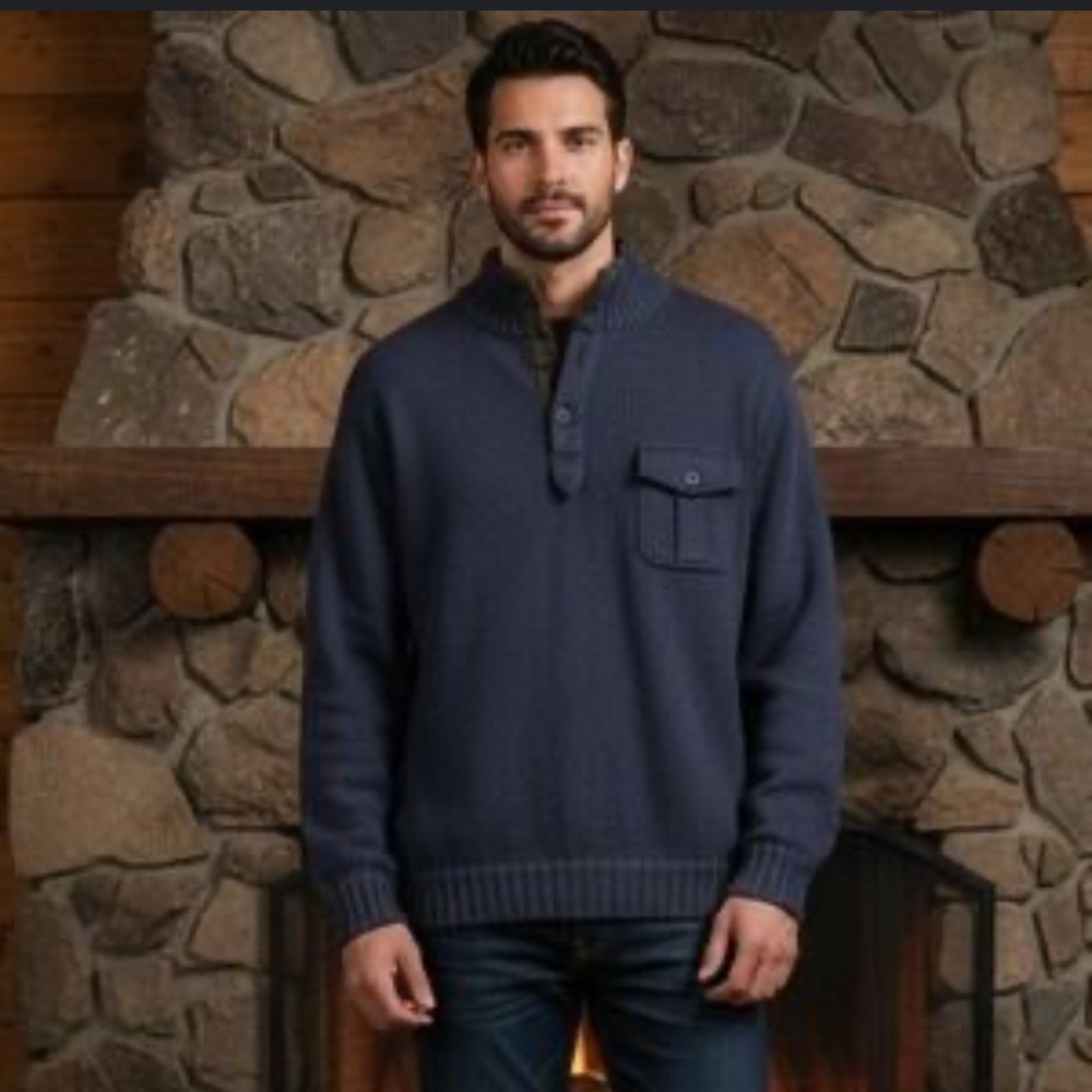 Alex Cannon 100% Cotton Knit Pull Over Navy Blue Sweater Brown Elbow Patches Med